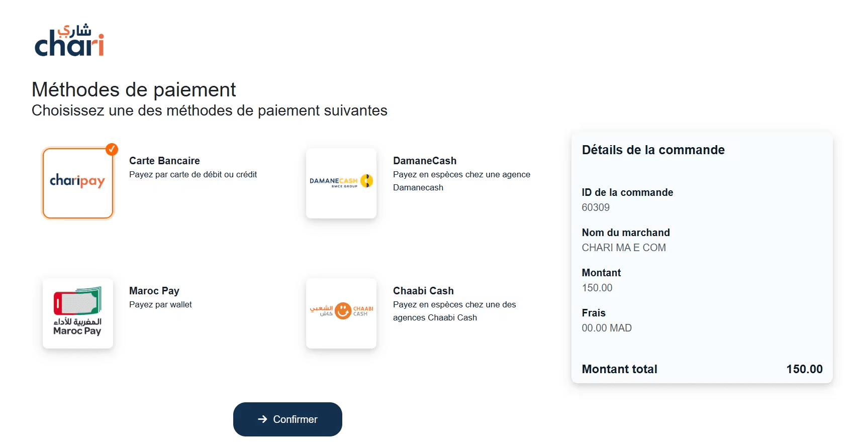 Acquiring (Online) — Chari Pay feature 2